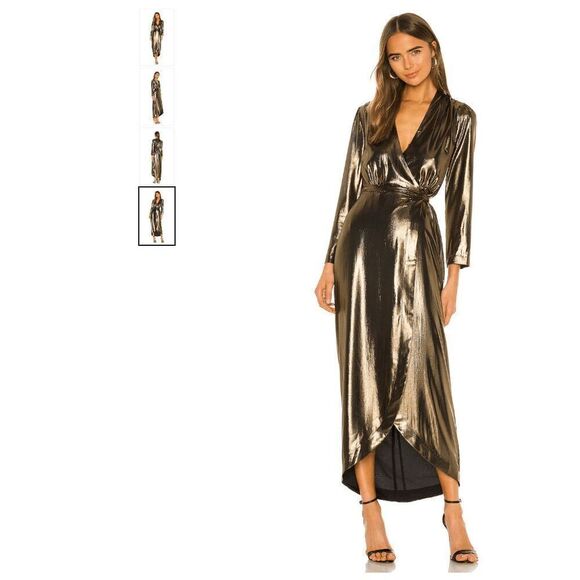 L'AGENCE Reliah Gold Metallic Wrap Dress Long Sleeve Tie Waist, Size XS/T - Picture 1 of 11
